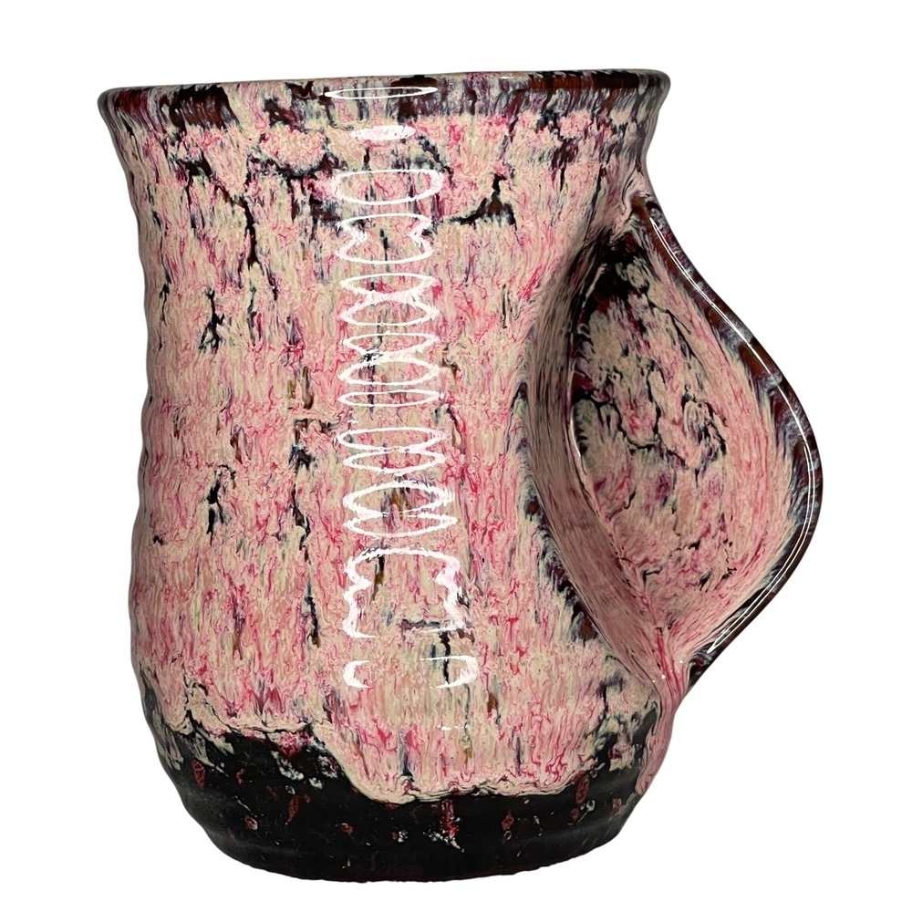 Handcrafted Ceramic Hand Warmer Mug Pink Burgundy Drip Glaze Ergonomic Pottery